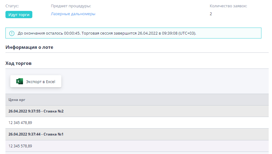 Ход торгов в аукционе